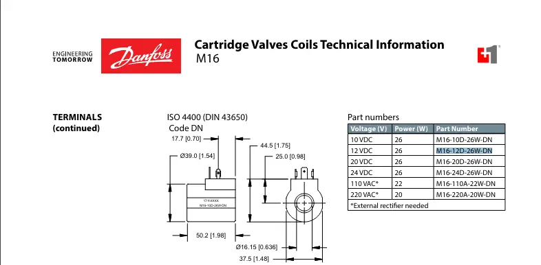 Cewka 12V FI16,15mm 26W Danfoss M16-12D-26W-DN 17114581